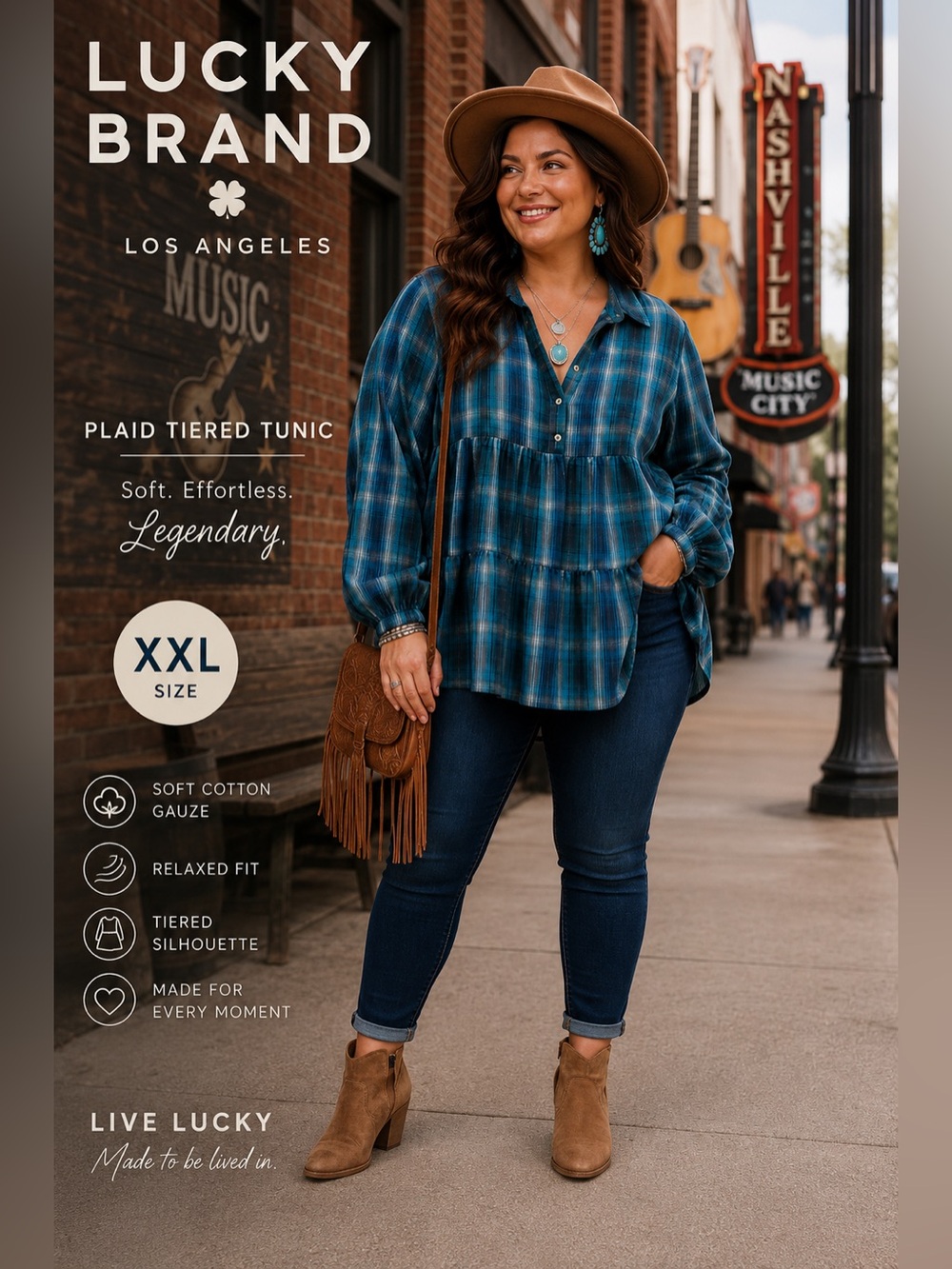 Lucky Brand XXL Blue Green Plaid Tiered Tunic Top Western Boho Indie Peasant